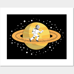 Astronaut running around planet in space Posters and Art